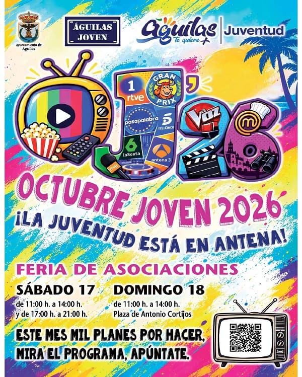 Cartel de Octubre Joven 2026 de Águilas, «¡La Juventud está en Antena!», con la Feria de Asociaciones el sábado 17 y domingo 18 de octubre en la plaza de Antonio Cortijos