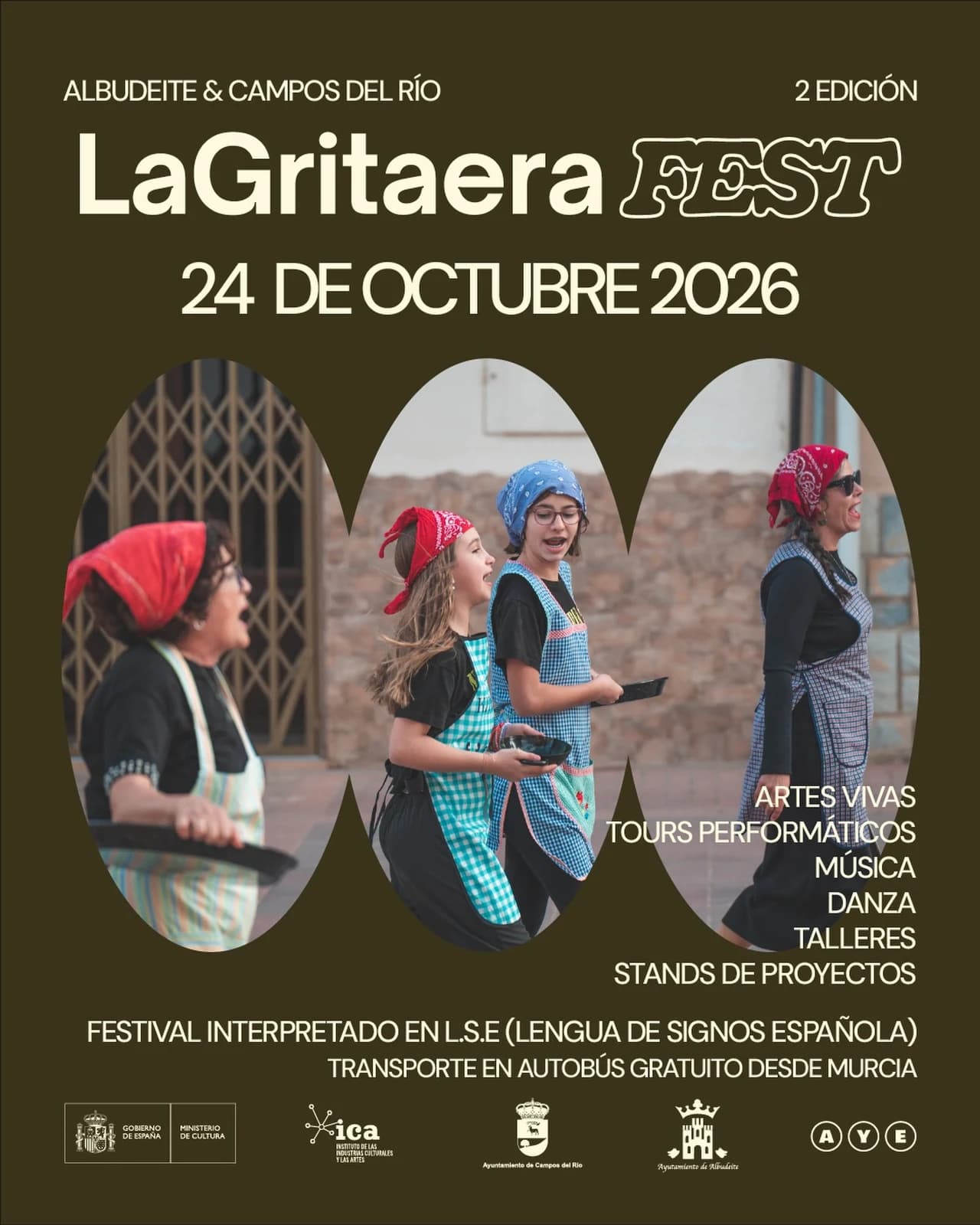 Cartel oficial de La Gritaera FEST 2026 con la fecha del 24 de octubre, Albudeite y Campos del Río, y las propuestas de artes vivas, música, danza, talleres y stands de proyectos