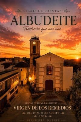 Portada oficial del Libro de Fiestas Patronales de Albudeite 2026 en honor a Nuestra Señora de los Remedios, con fotografía de Antonio Carlos Vicente Almagro