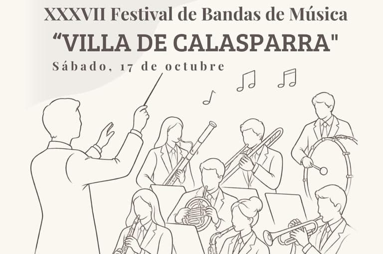 Cartel de la XXXVII edición del Festival de Bandas de Música «Villa de Calasparra», con una ilustración a trazo de una banda y su director, y el texto «Sábado, 17 de octubre»