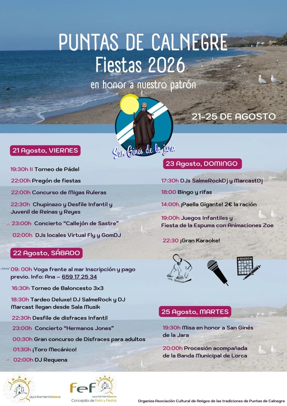Cartel oficial de las Fiestas Patronales de Puntas de Calnegre 2026, en honor a San Ginés de la Jara, con el programa de actos