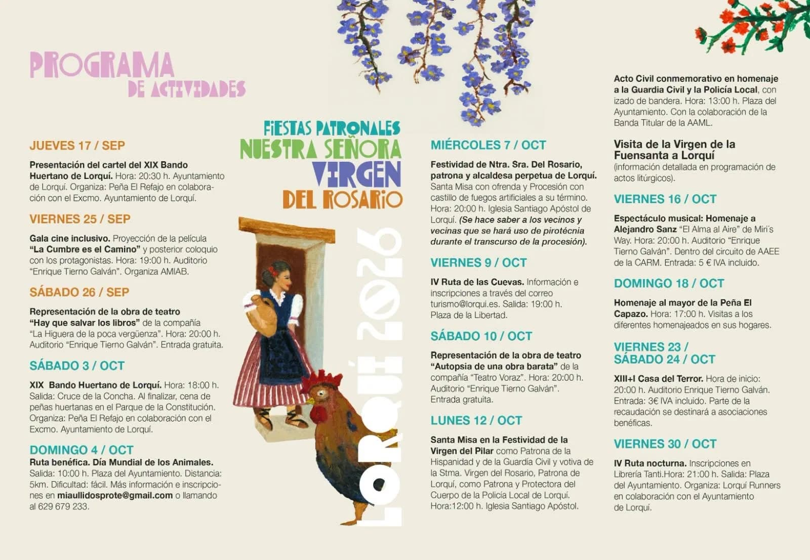 Programa de actividades de las Fiestas patronales Nuestra Señora Virgen del Rosario de Lorquí 2026, del 17 de septiembre al 30 de octubre